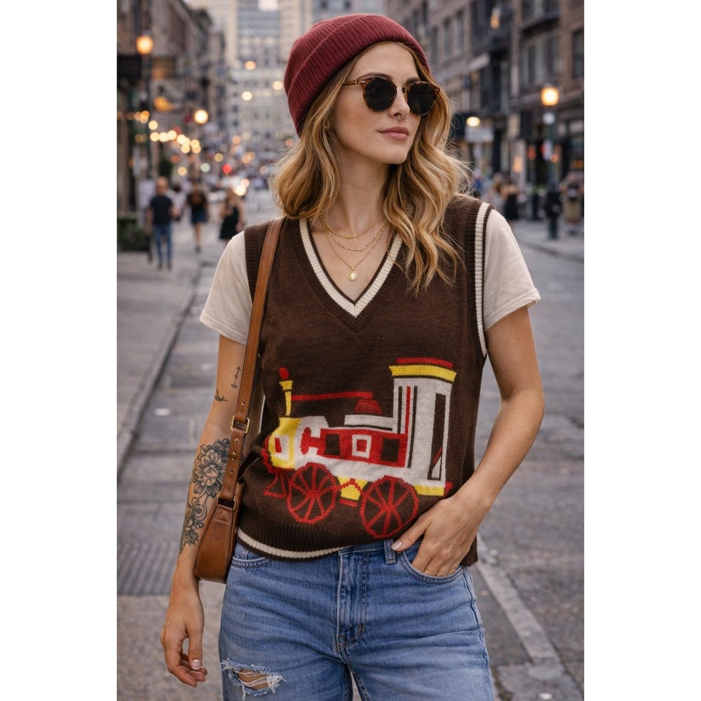 Vintage Ship n Shore Inner Visions Brown Train Graphic Sweater Vest Small 70s